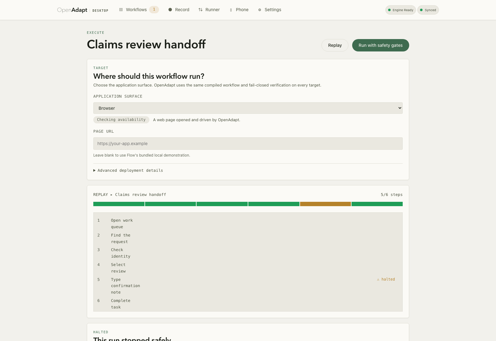 Synthetic Desktop run detail with a halted step and the evidence reason for the safe stop.