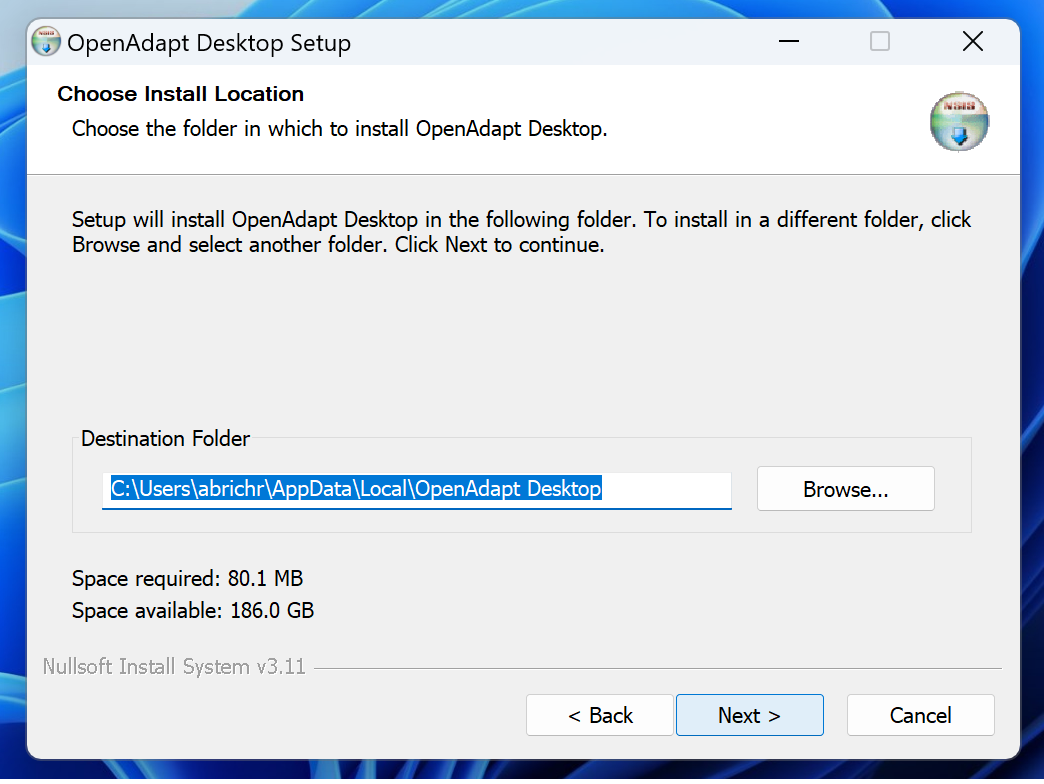 Choose Install Location page defaulting to a per-user path under AppData\Local\OpenAdapt Desktop; the footer reads Nullsoft Install System v3.11.